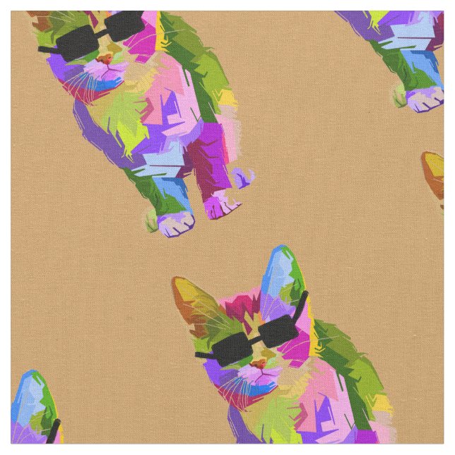 Pop Art cool cat with sunglasses kitty Fabric (Close Up)