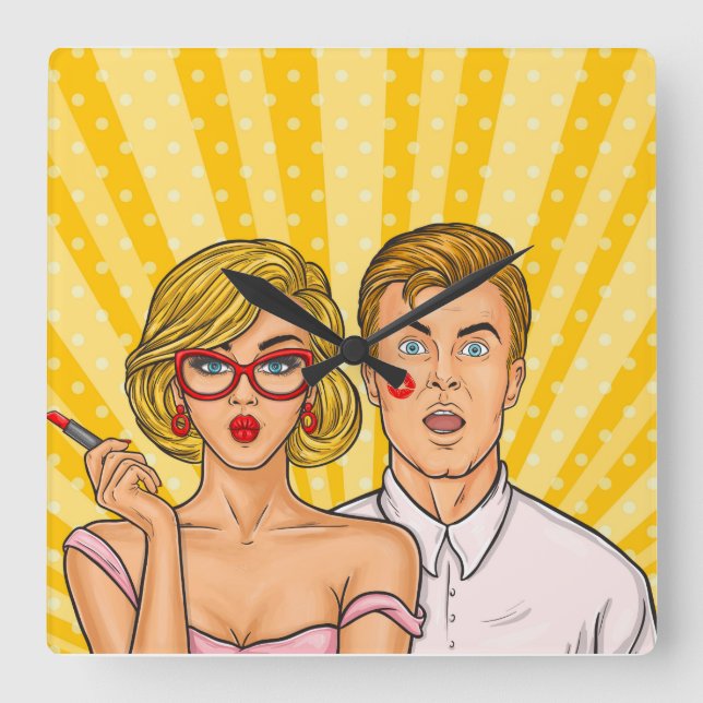 Pop Art Couple Square Wall Clock (Front)