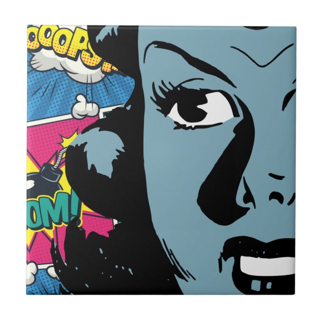 Pop Art Expression in Retro Comic Style Blue Woman Ceramic Tile (Front)