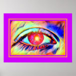 Pop Art Eyes like a Flame Bold Psychedelic Poster<br><div class="desc">This is a cool pop art design featuring a psychedelic eye that is burning with vivid colours and seems like there is a flame in the pupil with an orange frame and a purple background.</div>