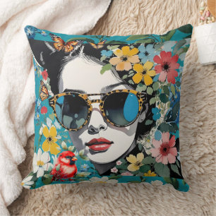 Pop Art Face with Flowers, Bird and Butterflies Cushion