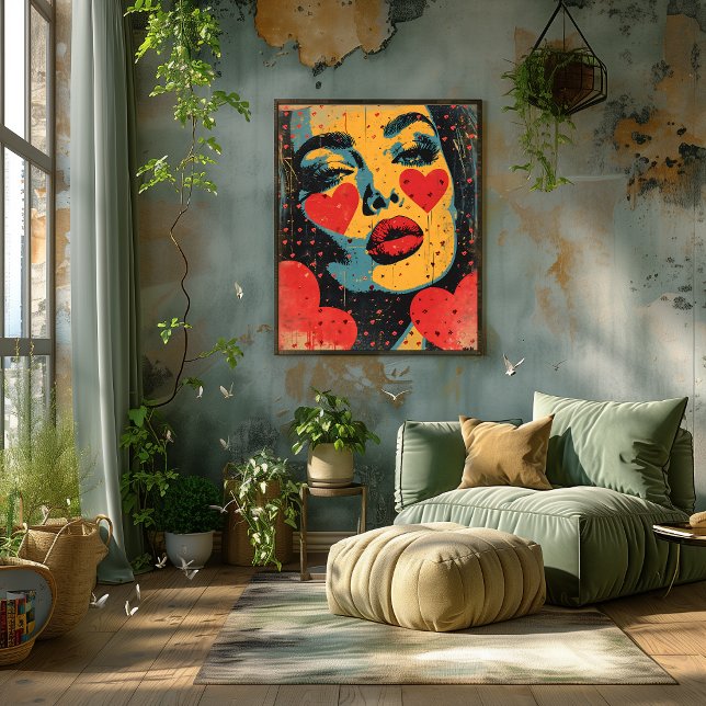 Pop Art Female Face With Hearts Romantic Neon Art Photo Print (Creator Uploaded)