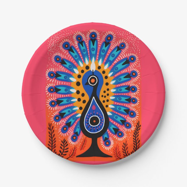 🦚 Pop Art Festival of Lights: Diwali Peacock Paper Plate (Front)