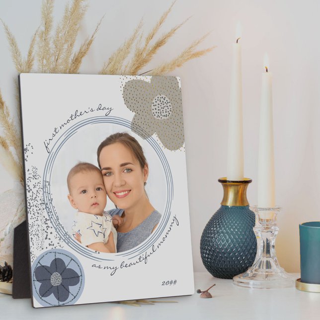 Pop Art Flower Blue Grey Editable Occasion Photo Plaque (Creator Uploaded)