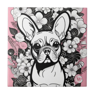 Pop Art Flowers and French Bulldog Ceramic Tile