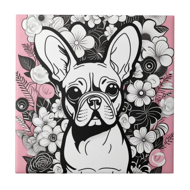Pop Art Flowers and French Bulldog Ceramic Tile (Front)