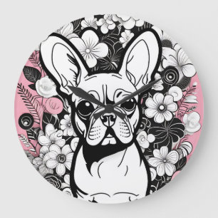 Pop Art Flowers and French Bulldog Large Clock