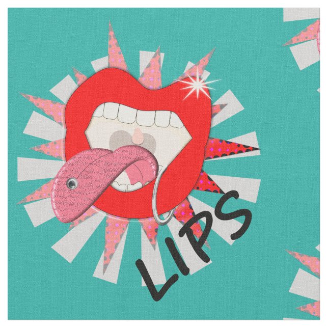Pop Art Funky Bold Red Lips Piercings Novelty Fabric (Close Up)