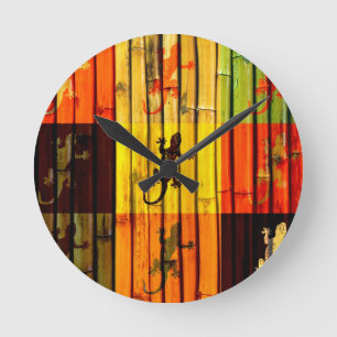 Pop Art Geckos on bamboo wall Art Design Round Clock