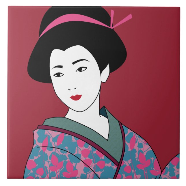 Pop Art Geisha in Floral Kimono Custom Ceramic Tile (Front)