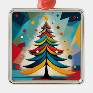 Pop Art Geometric Christmas Feathered Branches Metal Ornament