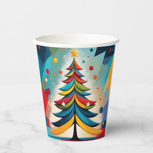 Pop Art Geometric Christmas Feathered Branches Paper Cups (Front)