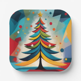 Pop Art Geometric Christmas Feathered Branches Paper Plate