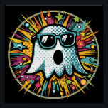 Pop Art Ghost Glossy Poster<br><div class="desc">A whimsical ghost wearing sunglasses is surrounded by a vibrant explosion of colours and patterns in a comic book style. The playful design features a mix of dots,  stars,  and dynamic lines,  adding an energetic and fun vibe.</div>
