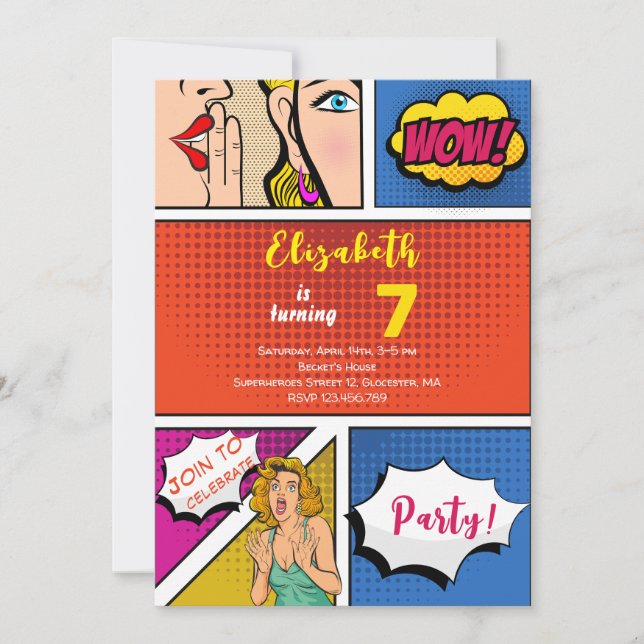 Pop art girl comic birthday invitation (Front)