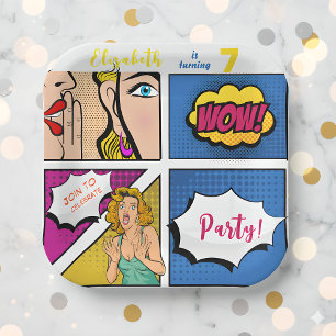 Pop art girl comic birthday paper plate