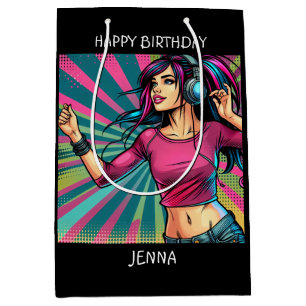 Pop Art Girl Dancing Birthday Personalised Medium Gift Bag