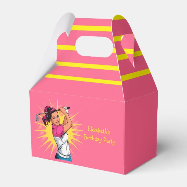Pop Art Girl Golfer Birthday Party Favour Favour Box (Front Side)