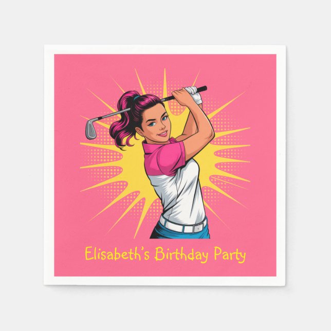 Pop Art Girl Golfer Birthday Party Napkin (Front)