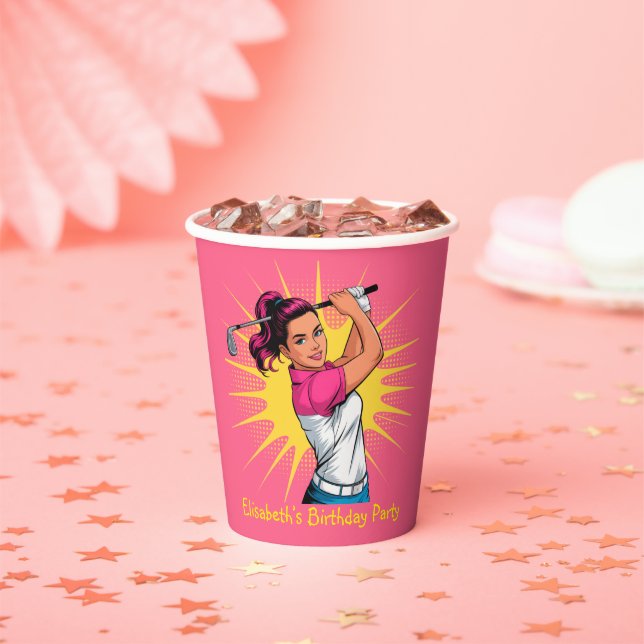 Pop Art Girl Golfer Birthday Party Paper Cups (Insitu)