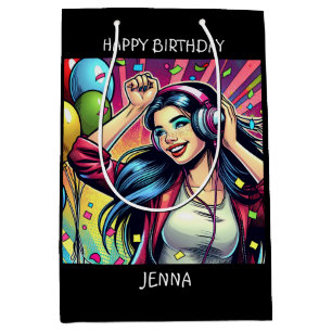 Pop Art Girl in Headphones Birthday Personalised Medium Gift Bag