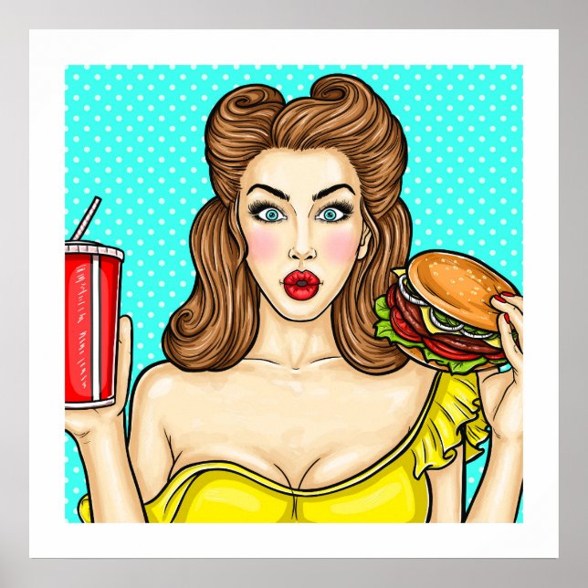 Pop Art Girl with Burger Kitchen  24x24 Poster (Front)