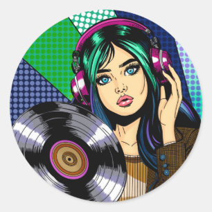 Pop Art Girl with Record Classic Round Sticker