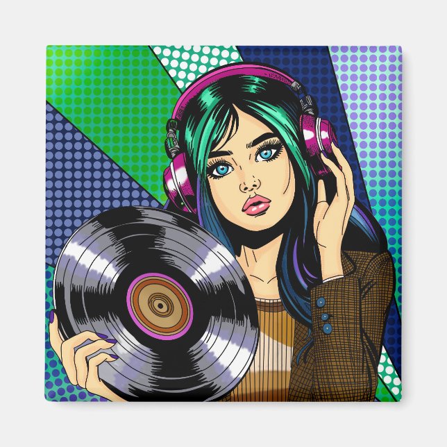 Pop Art Girl with Record Magnet (Front)