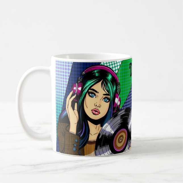 Pop Art Girl with Record Personalised Coffee Mug (Left)