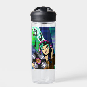 Pop Art Girl with Record Personalised Water Bottle