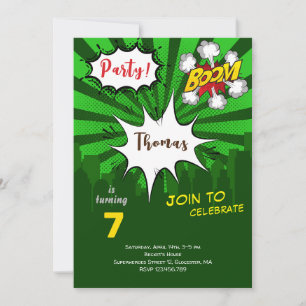Pop art green comic birthday invitation