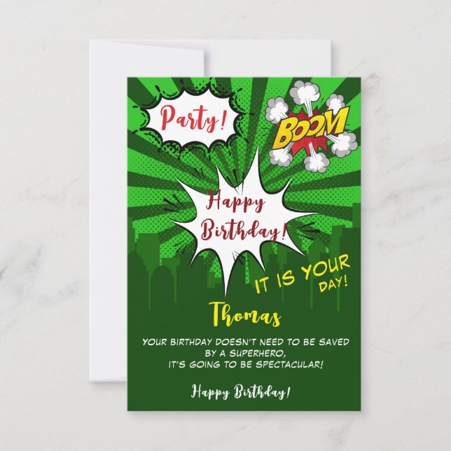 Pop art green comic happy birthday card (Front)