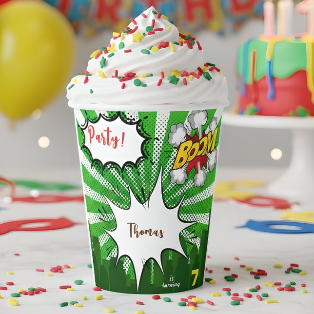 Pop art green comic retro  birthday paper cups (Creator Uploaded)