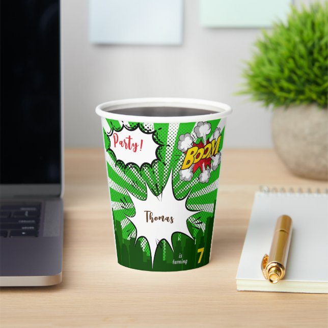 Pop art green comic retro  birthday paper cups (Insitu)