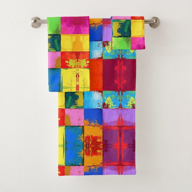 Pop Art grunge Colour Blocks Bath Towel Set (Insitu)