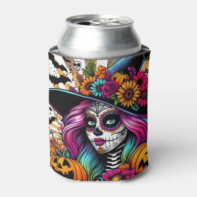 Pop Art Halloween Sugar Skull, Ghost and Pumpkins Can Cooler (Can Front)