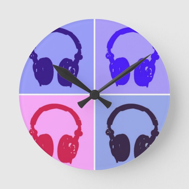 Pop Art Headphones Round Clock (Front)
