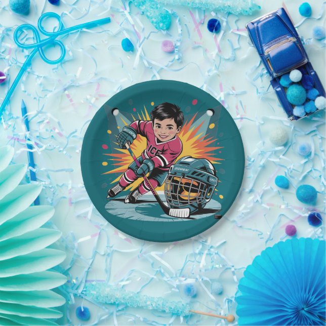 Pop Art Hockey Player Birthday Bash Paper Plate (Party)