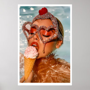 Pop Art Ice Cream Print Glam Woman in Pool, Bold