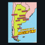 Pop Art Illustrated Argentina  Poster<br><div class="desc">This illustrated map of Argentina is rendered in a vibrant pop art style. The map is outlined in black and filled with a bright yellow colour,  set against a blue background with a dotted pattern. The major cities of Argentina are labelled in blue boxes.</div>
