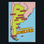 Pop Art Illustrated Argentina  Poster<br><div class="desc">This illustrated map of Argentina is rendered in a vibrant pop art style. The map is outlined in black and filled with a bright yellow colour,  set against a blue background with a dotted pattern. The major cities of Argentina are labelled in blue boxes.</div>