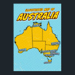 Pop Art Illustrated Australia  Poster<br><div class="desc">This illustrated map of Australia is rendered in a vibrant pop art style. The map is outlined in black and filled with a bright yellow colour,  set against a blue background with a dotted pattern. The major cities of Australia are labelled in blue boxes</div>