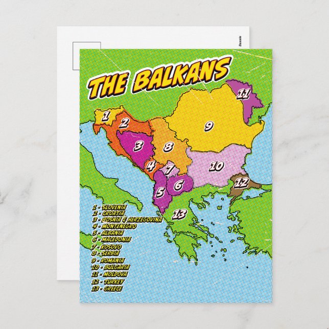 Pop Art Illustrated Balkans map Holiday Postcard (Front/Back)