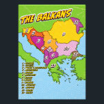 Pop Art Illustrated Balkans map Photo Print<br><div class="desc">A stylised map of the Balkan region,  featuring a pop art aesthetic with bold outlines and a dotted background. The map is divided into 13 numbered regions,  each representing a different country.</div>
