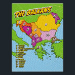 Pop Art Illustrated Balkans map Poster<br><div class="desc">A stylised map of the Balkan region,  featuring a pop art aesthetic with bold outlines and a dotted background. The map is divided into 13 numbered regions,  each representing a different country.</div>