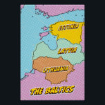 Pop Art Illustrated Baltic States map Poster<br><div class="desc">A stylised map of the Baltic states,  Estonia,  Latvia,  and Lithuania,  rendered in a comic book style. The map is outlined in black and filled with vibrant colours: Estonia is yellow,  Latvia is light green,  and Lithuania is orange. The background is a pink and purple dotted pattern.</div>