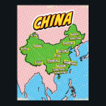 Pop Art Illustrated China map Poster<br><div class="desc">Pop Art Illustrated China asian map in a beautiful vintage worn style.</div>