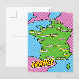 Pop Art Illustrated France map Holiday Postcard