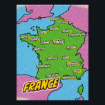 Pop Art Illustrated France map Poster<br><div class="desc">Pop Art Illustrated France European map in a beautiful vintage worn style.</div>