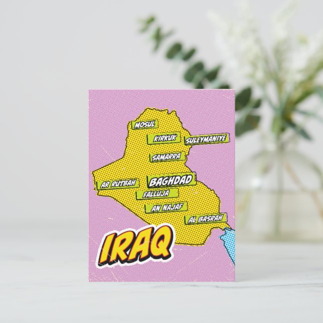 Pop Art Illustrated Iraq map Postcard (Standing Front)